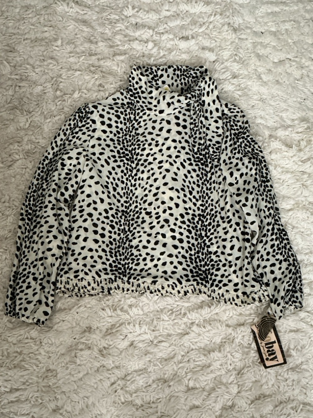 VINTAGE 70s Black White Leopard Print Smocked Long Sleeve Top